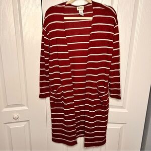 BiBi Women’s Striped‎ Long Red Duster Knit Fall Cardigan Open Front Size Small
